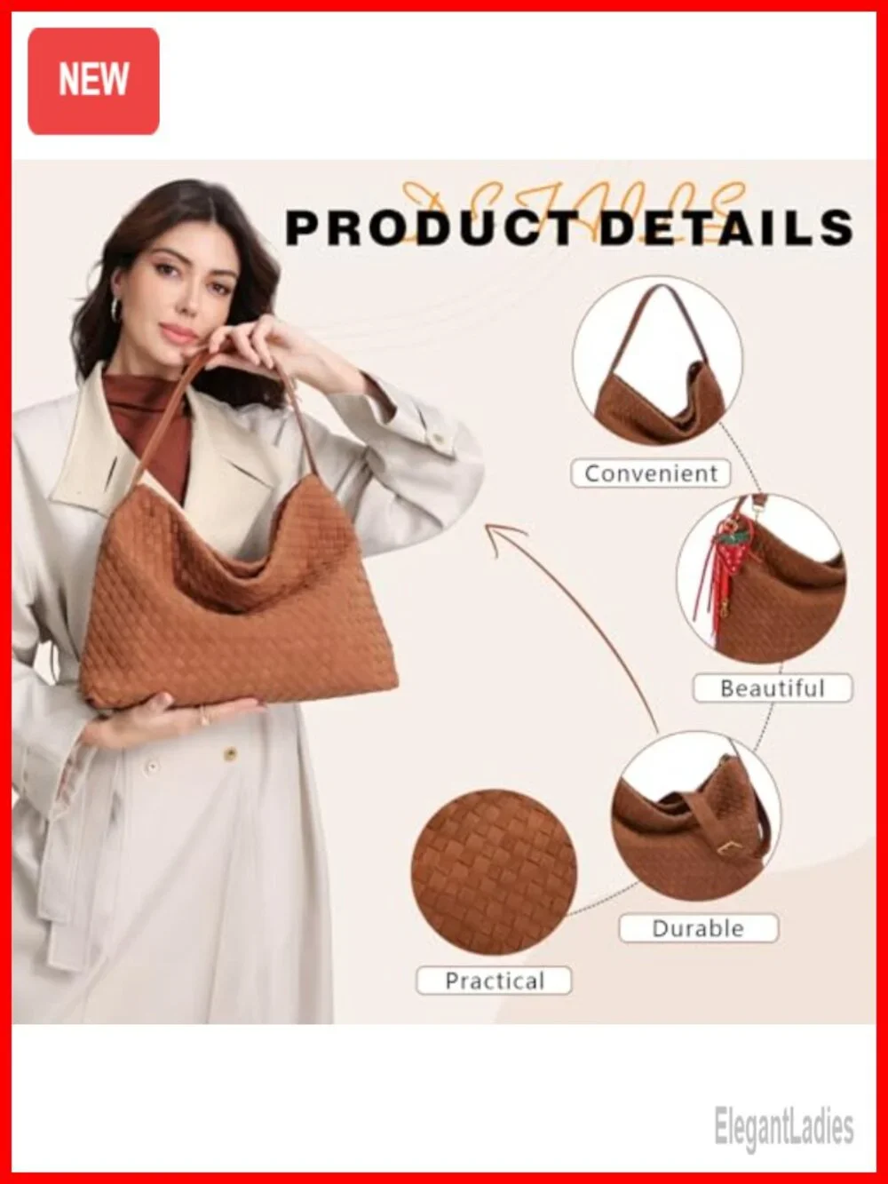 Woven Suede Shoulder Bag - Hobo Tote Satchel, Detachable Strap, Lightweight